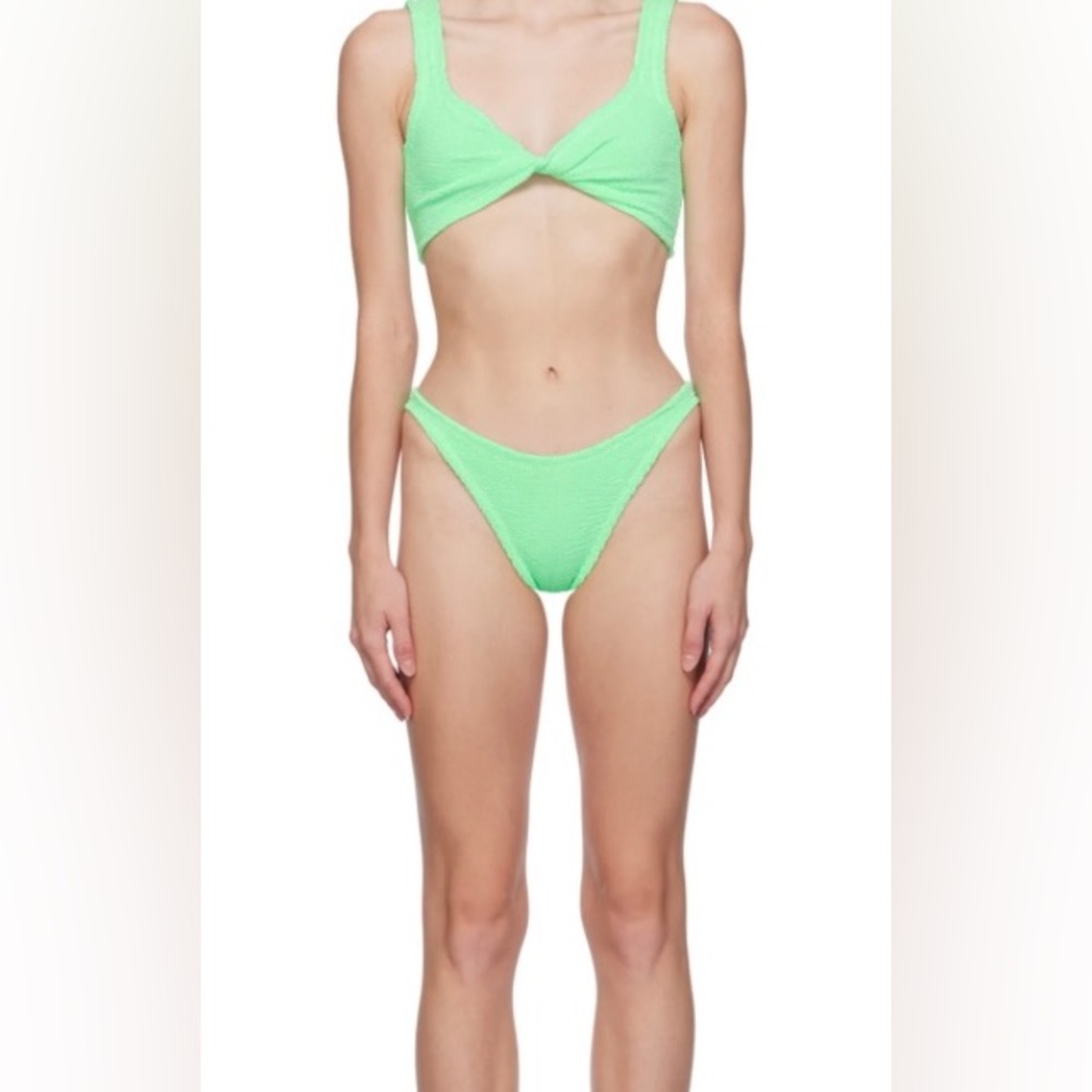 HUNZA G 3-piece lime green Juno bikini set & shirred miniskirt O/S